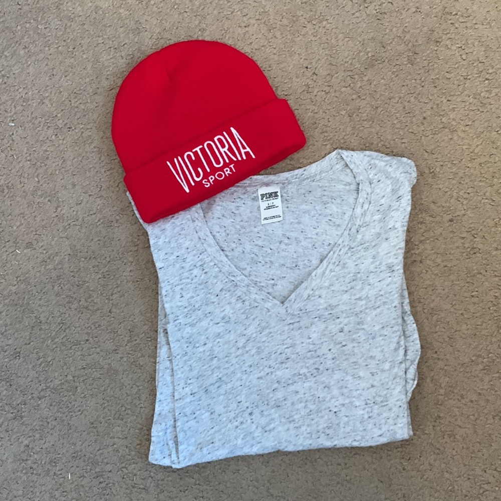 PINK Victoria’s Secret V-neck & Victoria Sport Red Beanie BUNDLE !